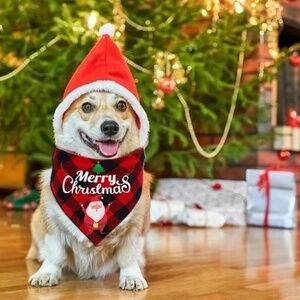 Christmas Dog Bandanna Tartan Plaid Merry Christmas Graphic Tie On Black Red OS